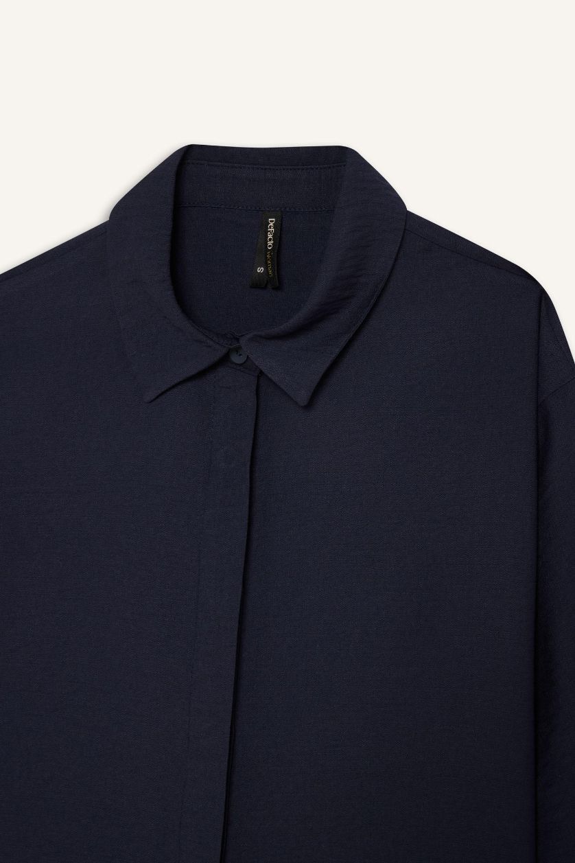 Kadın Lacivert Regular Fit Basic Düz Yarım Kollu Gömlek