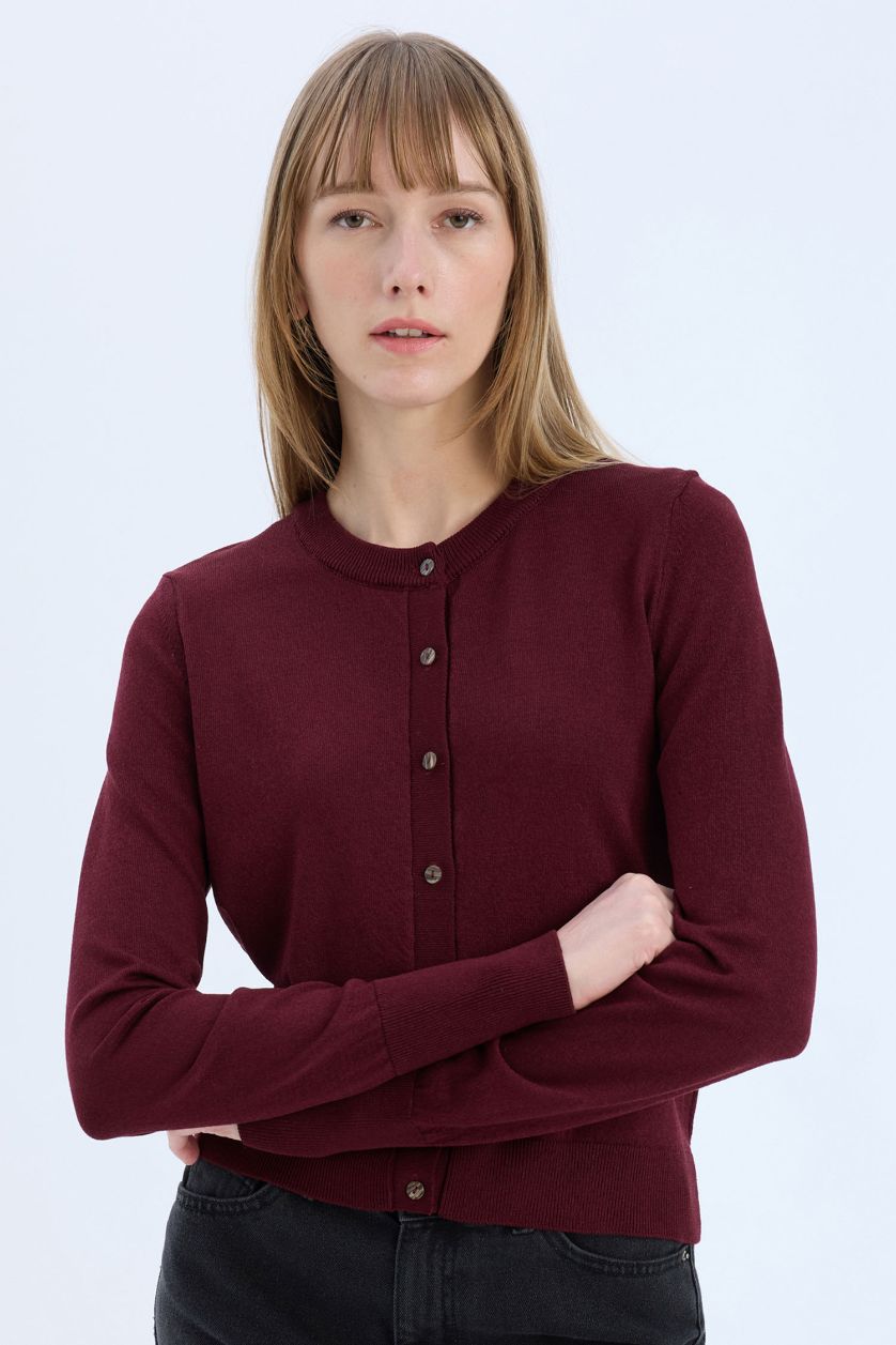 Kadın Bordo Regular Fit Bisiklet Yaka Düğmeli Triko Hırka