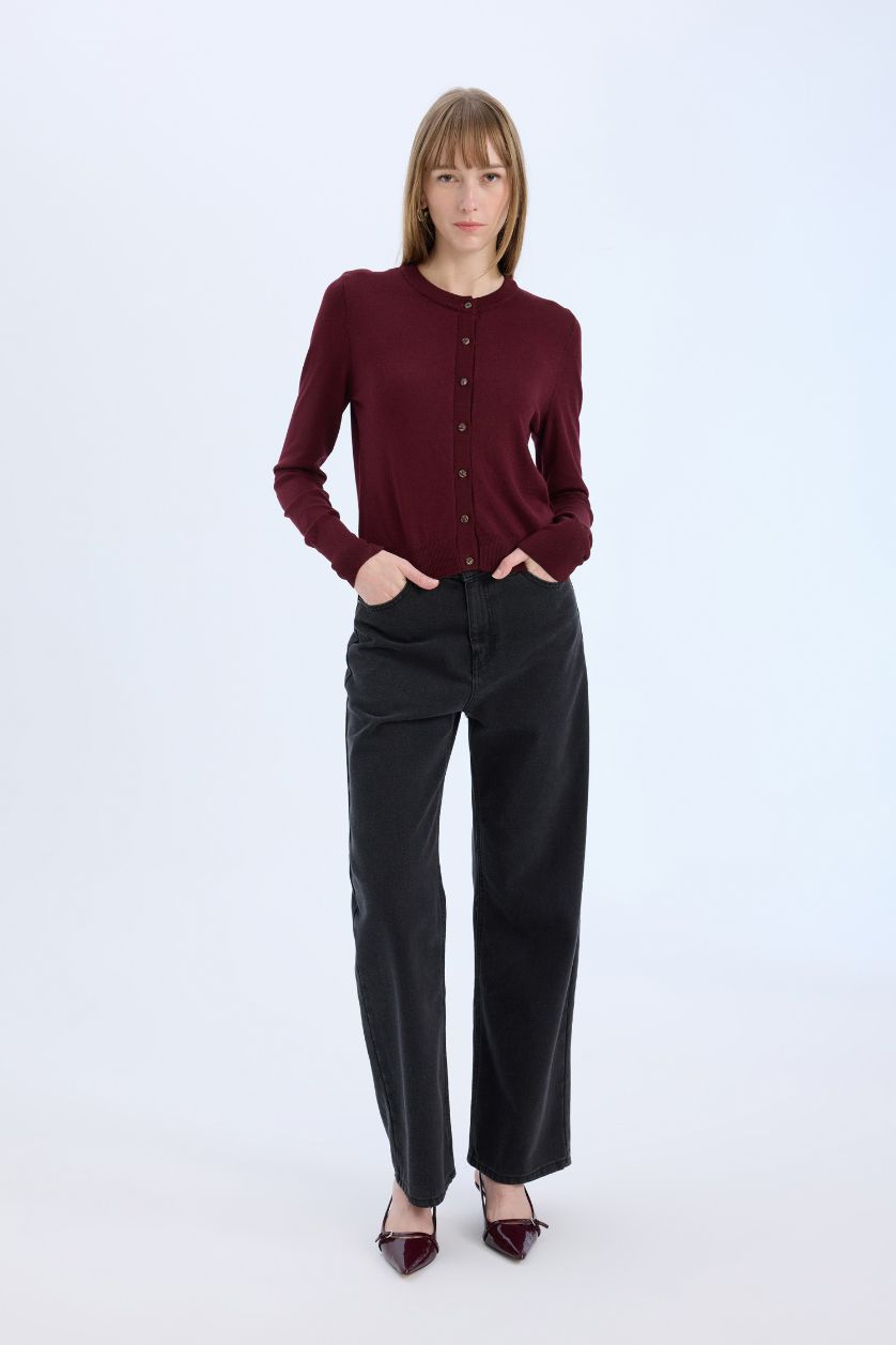 Kadın Bordo Regular Fit Bisiklet Yaka Düğmeli Triko Hırka