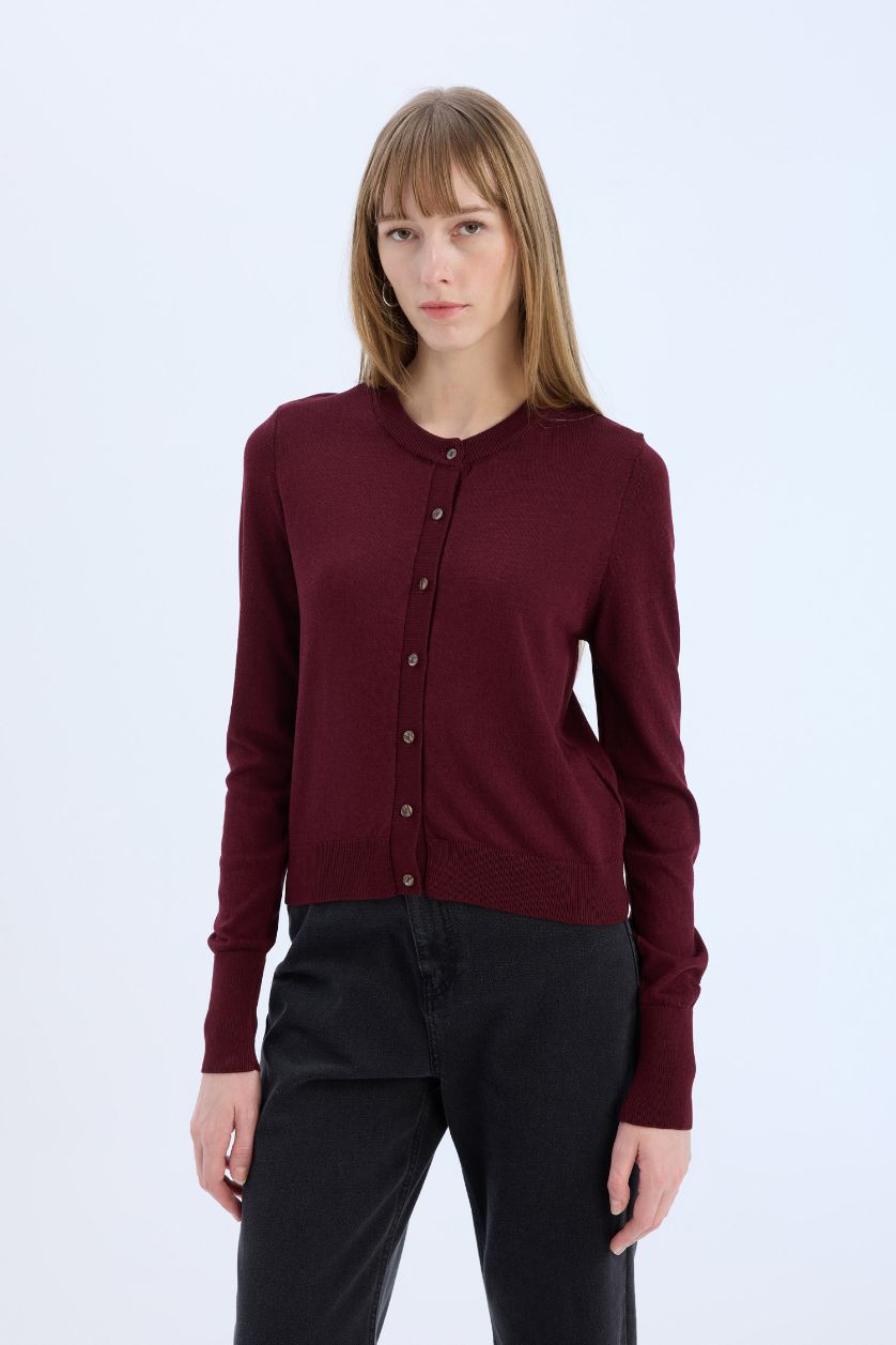 Kadın Bordo Regular Fit Bisiklet Yaka Düğmeli Triko Hırka