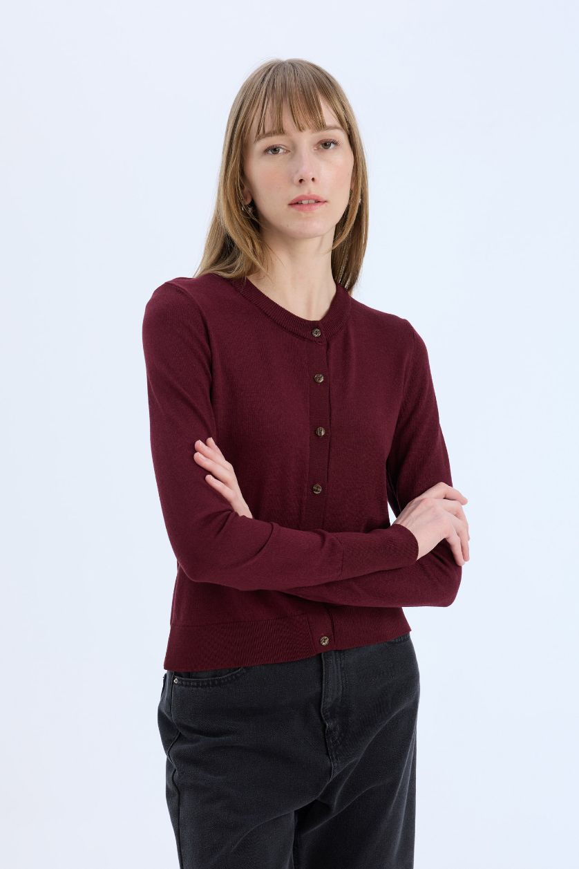 Kadın Bordo Regular Fit Bisiklet Yaka Düğmeli Triko Hırka