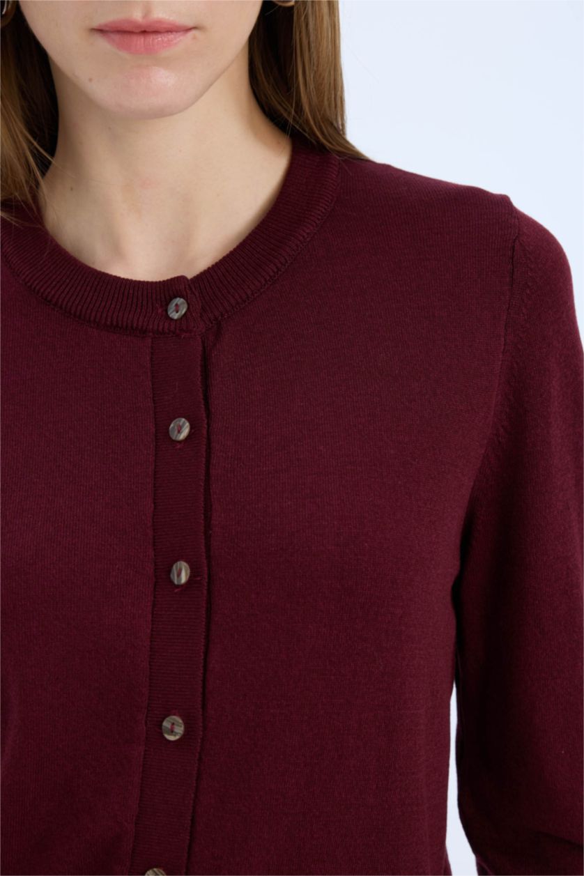 Kadın Bordo Regular Fit Bisiklet Yaka Düğmeli Triko Hırka