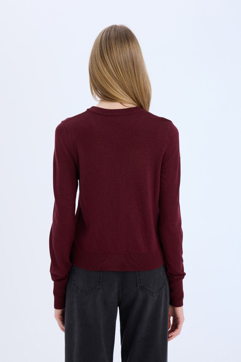 Kadın Bordo Regular Fit Bisiklet Yaka Düğmeli Triko Hırka