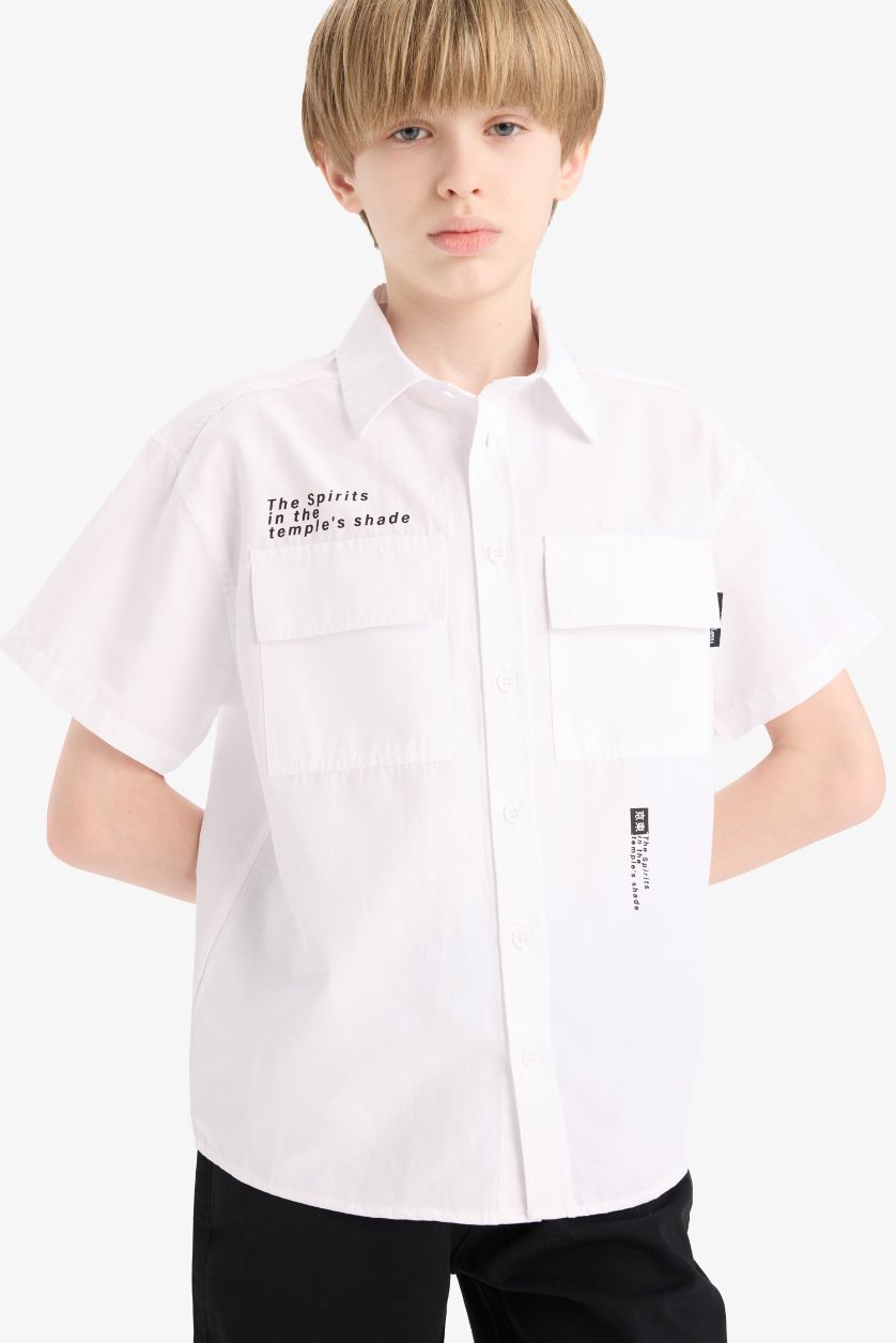 Erkek Çocuk - Genç Erkek Beyaz Oversize Geniş Kalıp Polo Yaka Baskılı Poplin Kısa Kollu Gömlek Erkek Çocuk