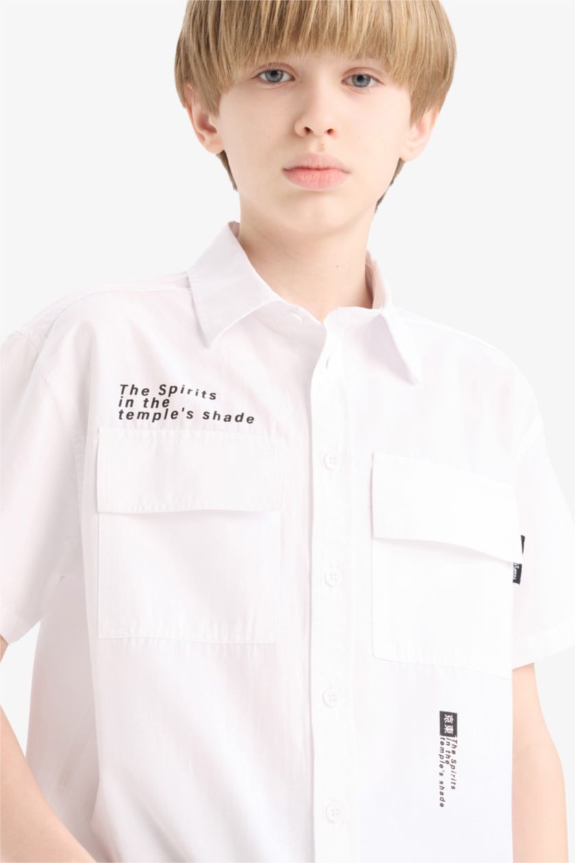 Erkek Çocuk - Genç Erkek Beyaz Oversize Geniş Kalıp Polo Yaka Baskılı Poplin Kısa Kollu Gömlek Erkek Çocuk