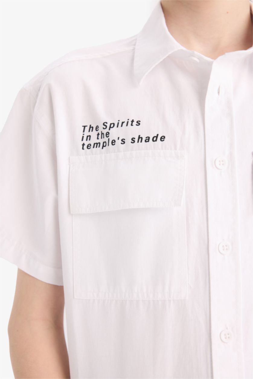 Erkek Çocuk - Genç Erkek Beyaz Oversize Geniş Kalıp Polo Yaka Baskılı Poplin Kısa Kollu Gömlek Erkek Çocuk