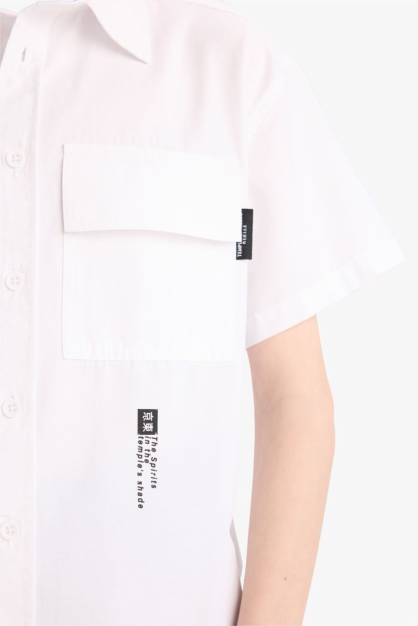 Erkek Çocuk - Genç Erkek Beyaz Oversize Geniş Kalıp Polo Yaka Baskılı Poplin Kısa Kollu Gömlek Erkek Çocuk