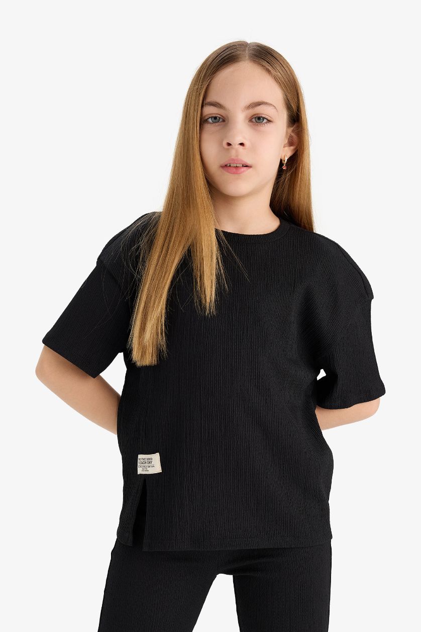 بناتي أسود طقم بناتي تيشيرت وليجن برجل واسع - قطعتين