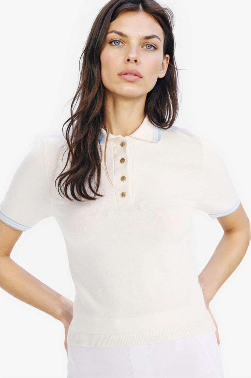 Kadın Beyaz Slim Fit Dar Kesim Polo Yaka Basic Düz Triko Kısa Kollu Kazak