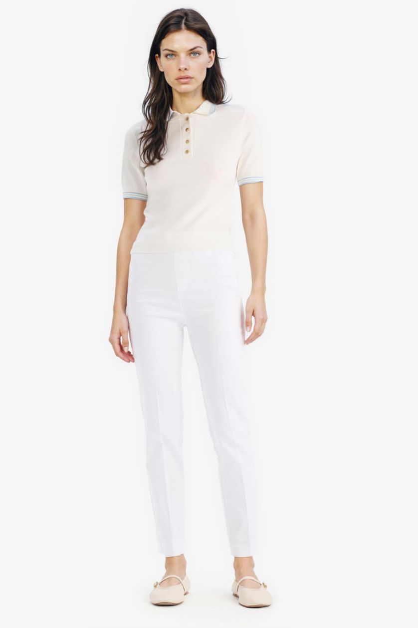 Kadın Beyaz Slim Fit Dar Kesim Polo Yaka Basic Düz Triko Kısa Kollu Kazak