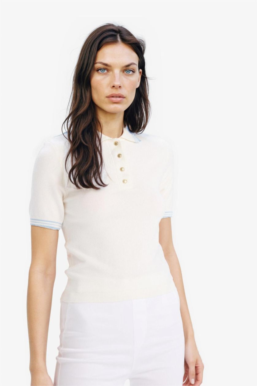 Kadın Beyaz Slim Fit Dar Kesim Polo Yaka Basic Düz Triko Kısa Kollu Kazak