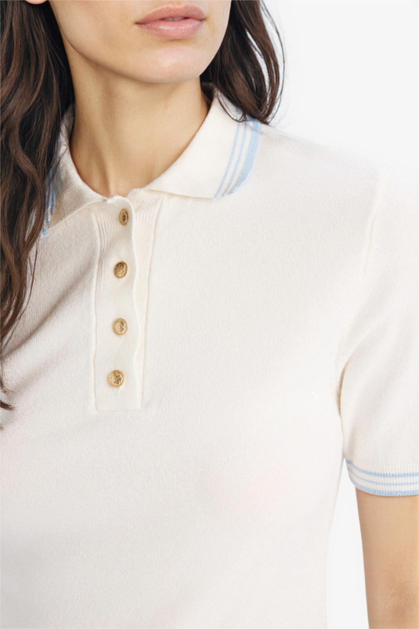 Kadın Beyaz Slim Fit Dar Kesim Polo Yaka Basic Düz Triko Kısa Kollu Kazak