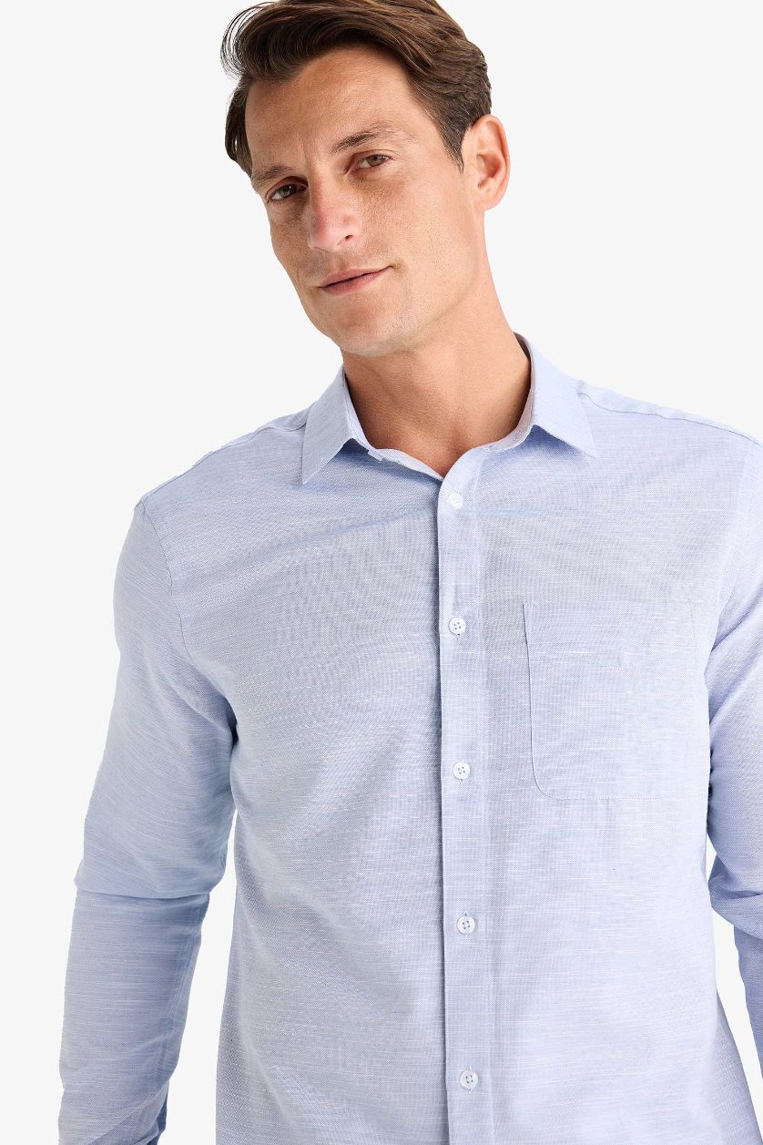 Erkek İndigo Modern Fit Polo Yaka Basic Düz Uzun Kollu Gömlek