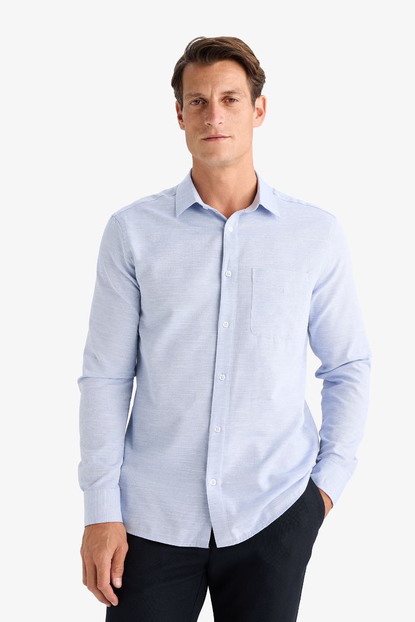 Erkek İndigo Modern Fit Polo Yaka Basic Düz Uzun Kollu Gömlek