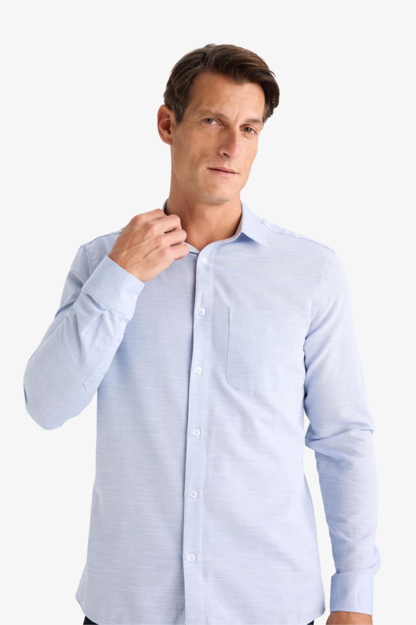 Erkek İndigo Modern Fit Polo Yaka Basic Düz Uzun Kollu Gömlek