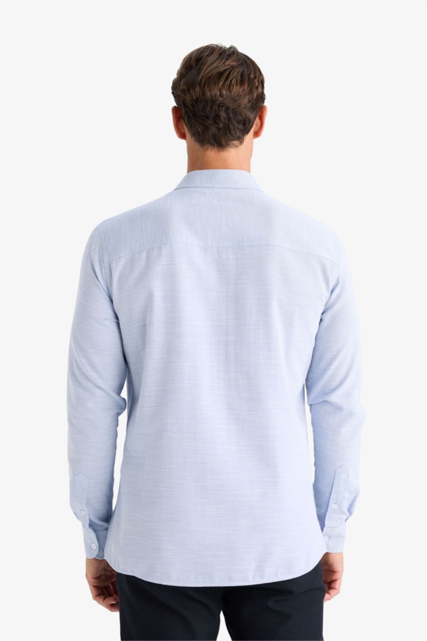 Erkek İndigo Modern Fit Polo Yaka Basic Düz Uzun Kollu Gömlek