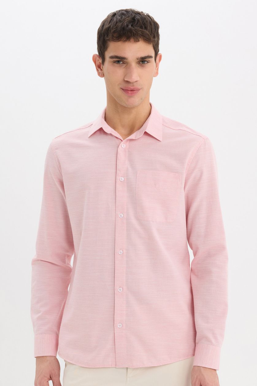 Erkek Kırmızı Modern Fit Polo Yaka Basic Düz Uzun Kollu Gömlek