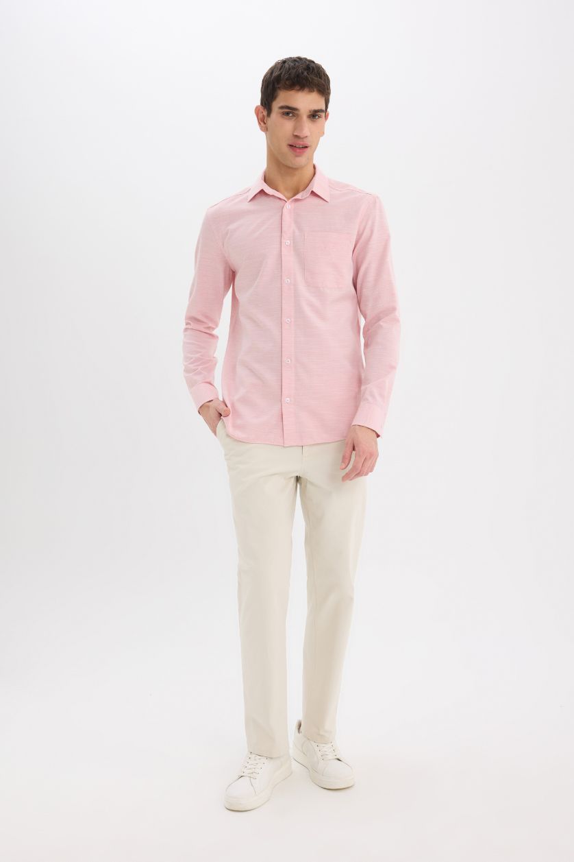 Erkek Kırmızı Modern Fit Polo Yaka Basic Düz Uzun Kollu Gömlek