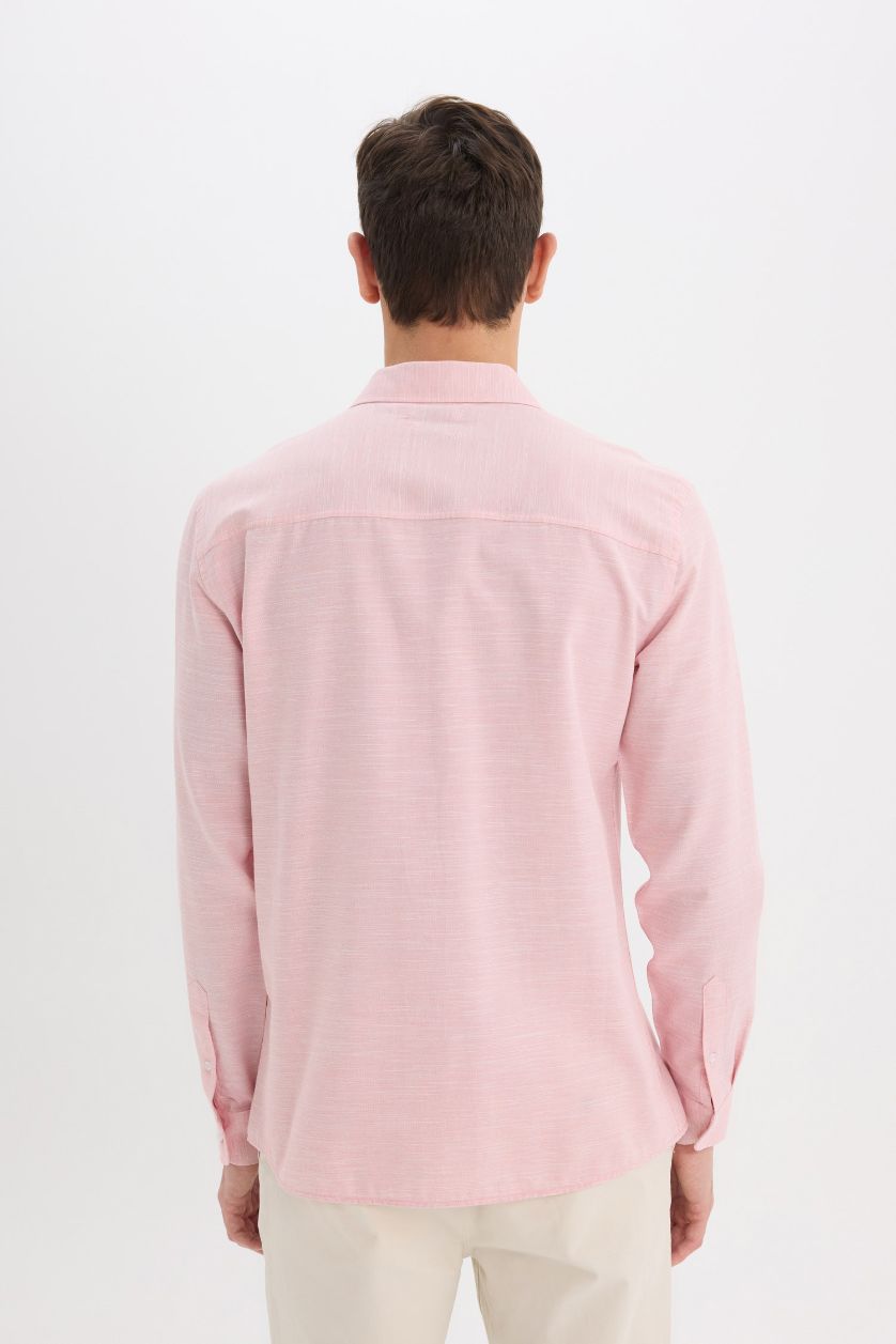 Erkek Kırmızı Modern Fit Polo Yaka Basic Düz Uzun Kollu Gömlek