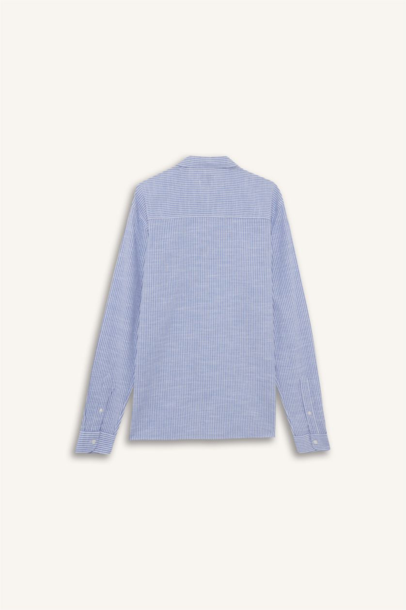 Erkek Mavi %100 Pamuk Modern Fit Polo Yaka Çizgili Uzun Kollu Gömlek