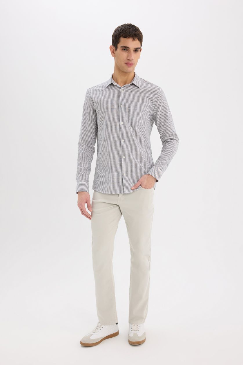 Erkek Siyah %100 Pamuk Modern Fit Polo Yaka Çizgili Uzun Kollu Gömlek