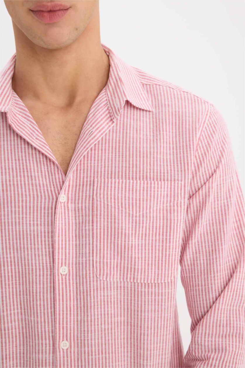 Erkek Kırmızı %100 Pamuk Modern Fit Polo Yaka Çizgili Uzun Kollu Gömlek