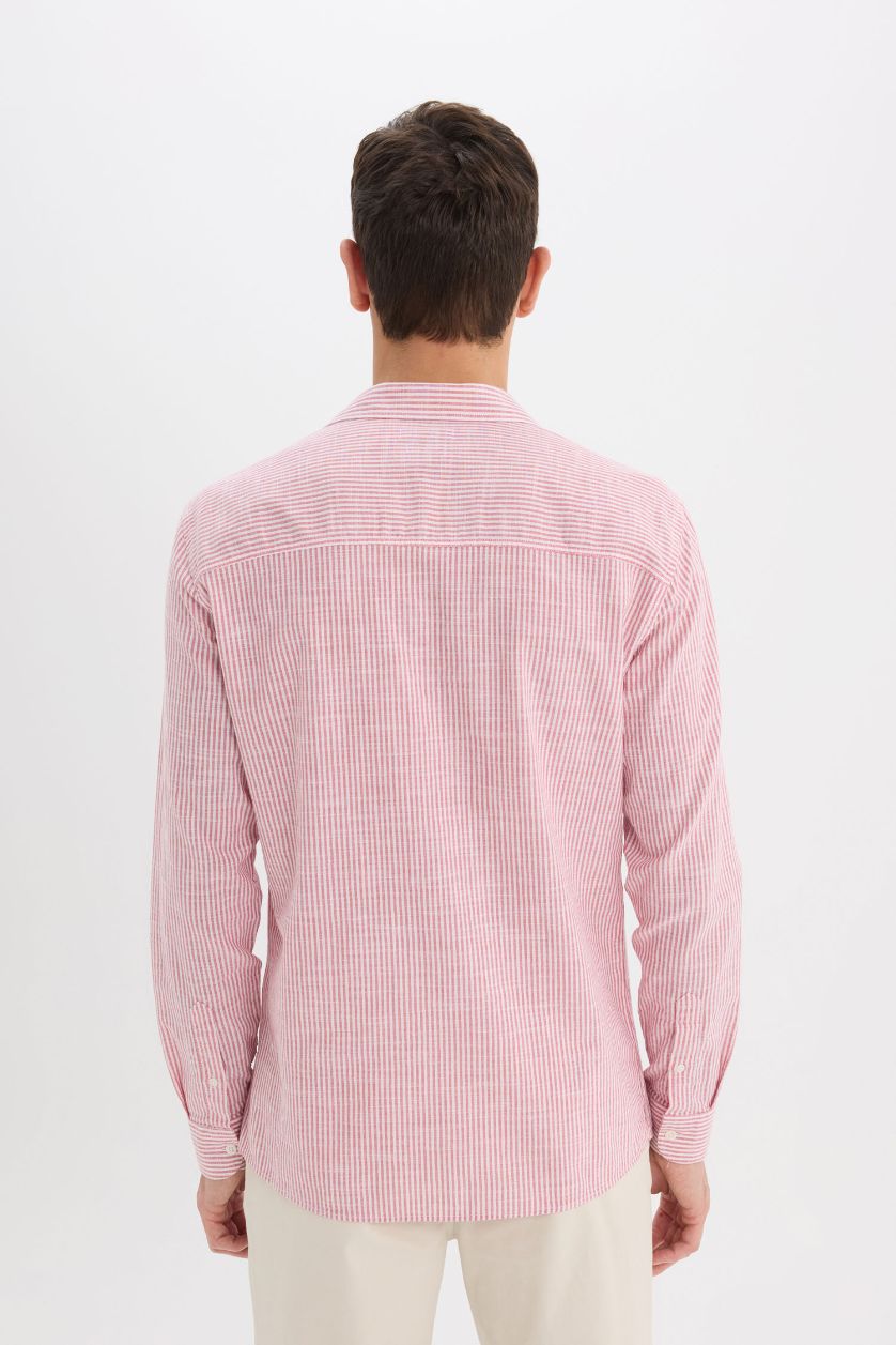 Erkek Kırmızı %100 Pamuk Modern Fit Polo Yaka Çizgili Uzun Kollu Gömlek