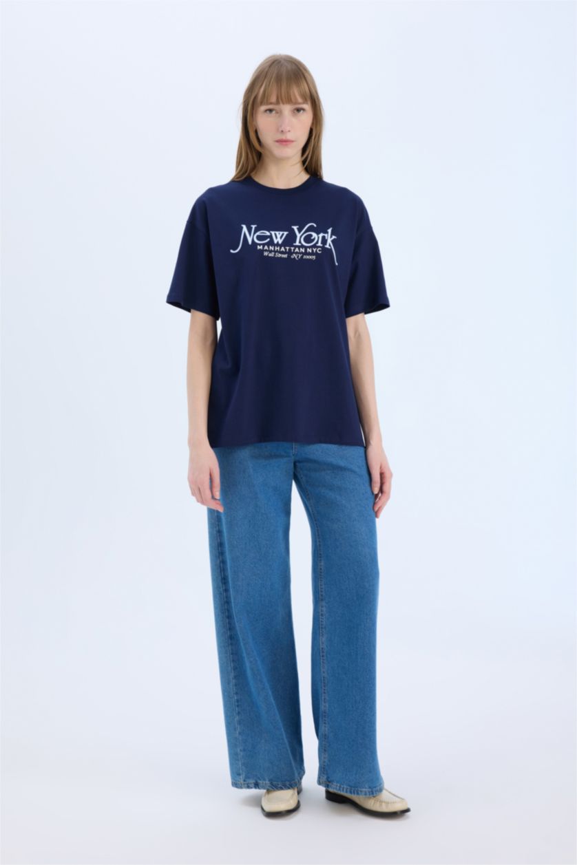 نساء كحلي تيشيرت اوفر سايز مطبوع برقبة مستديرة