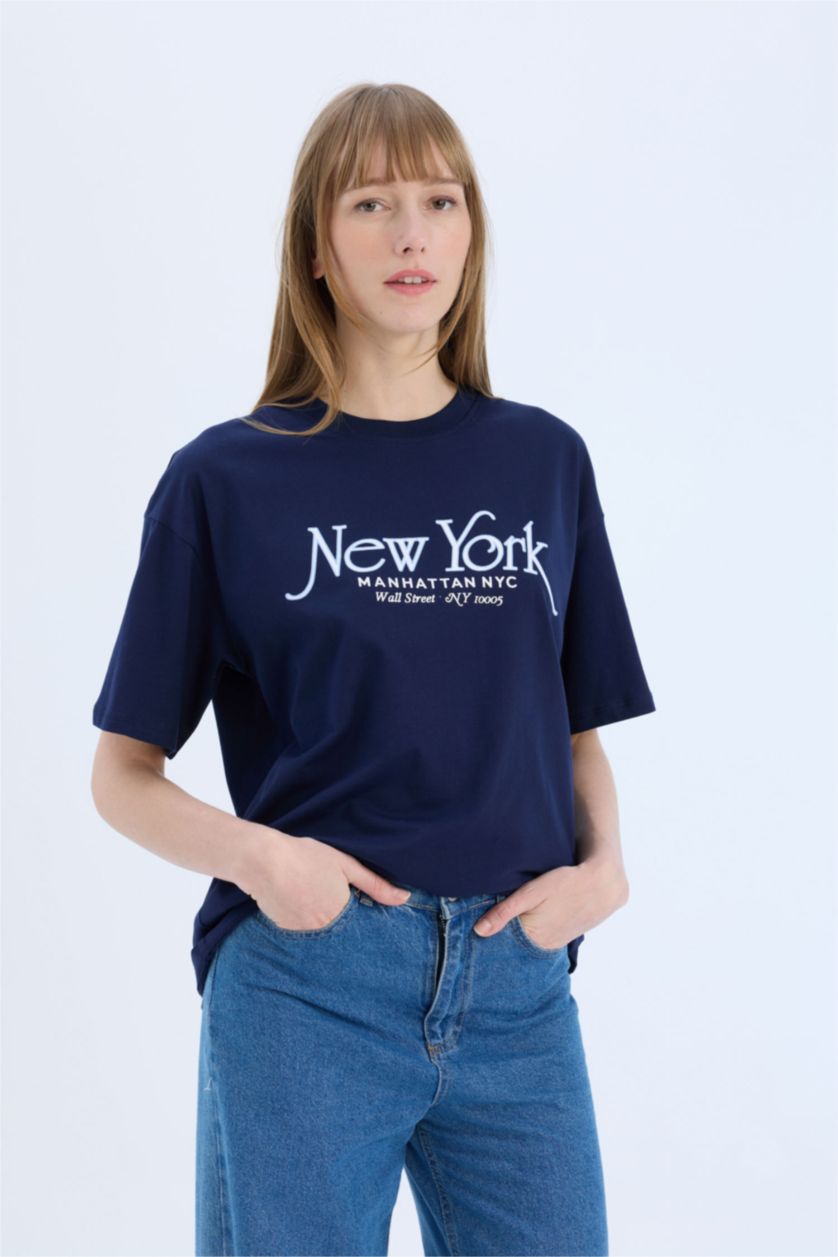 نساء كحلي تيشيرت اوفر سايز مطبوع برقبة مستديرة