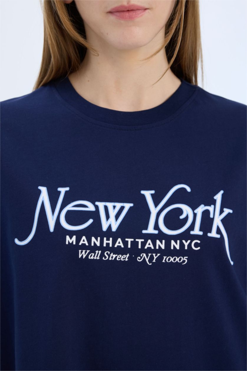 نساء كحلي تيشيرت اوفر سايز مطبوع برقبة مستديرة