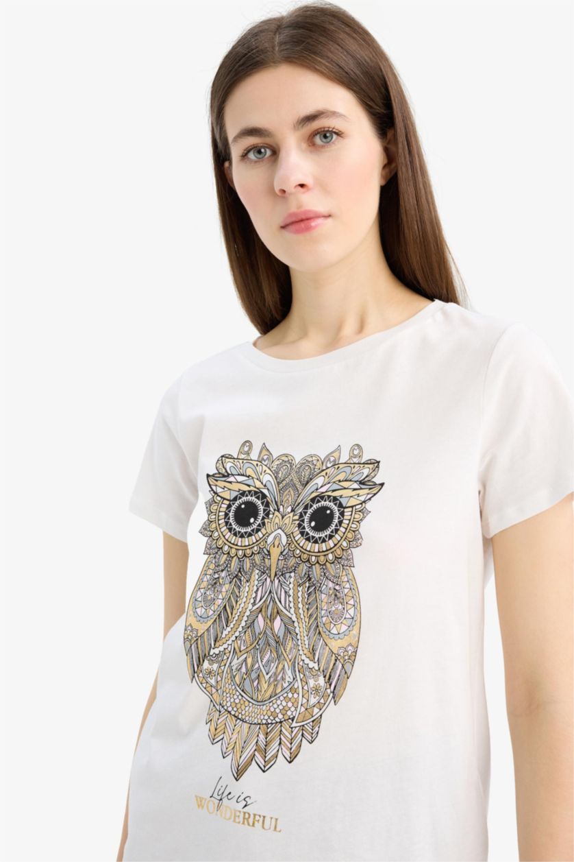 Kadın Ekru Regular Fıt Penye Kısa Kollu Tişört