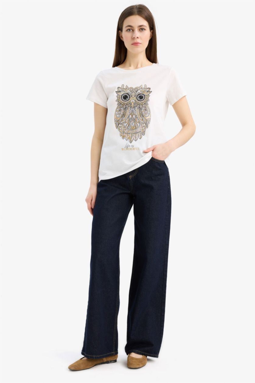 Kadın Ekru Regular Fıt Penye Kısa Kollu Tişört