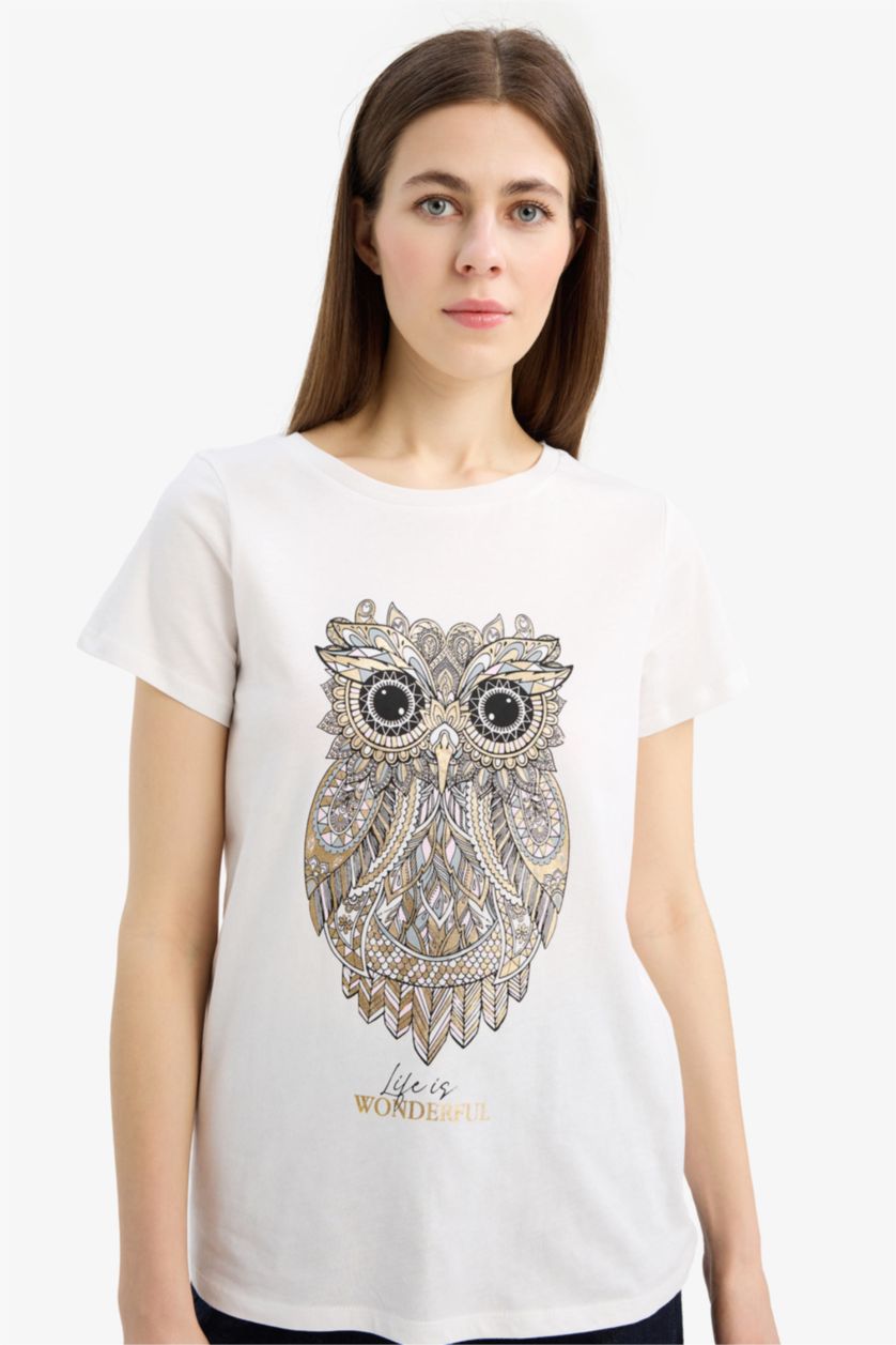 Kadın Ekru Regular Fıt Penye Kısa Kollu Tişört