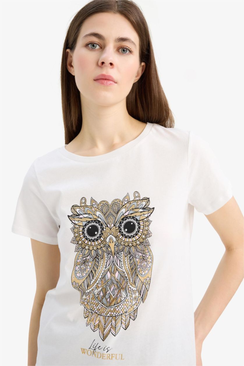 Kadın Ekru Regular Fıt Penye Kısa Kollu Tişört