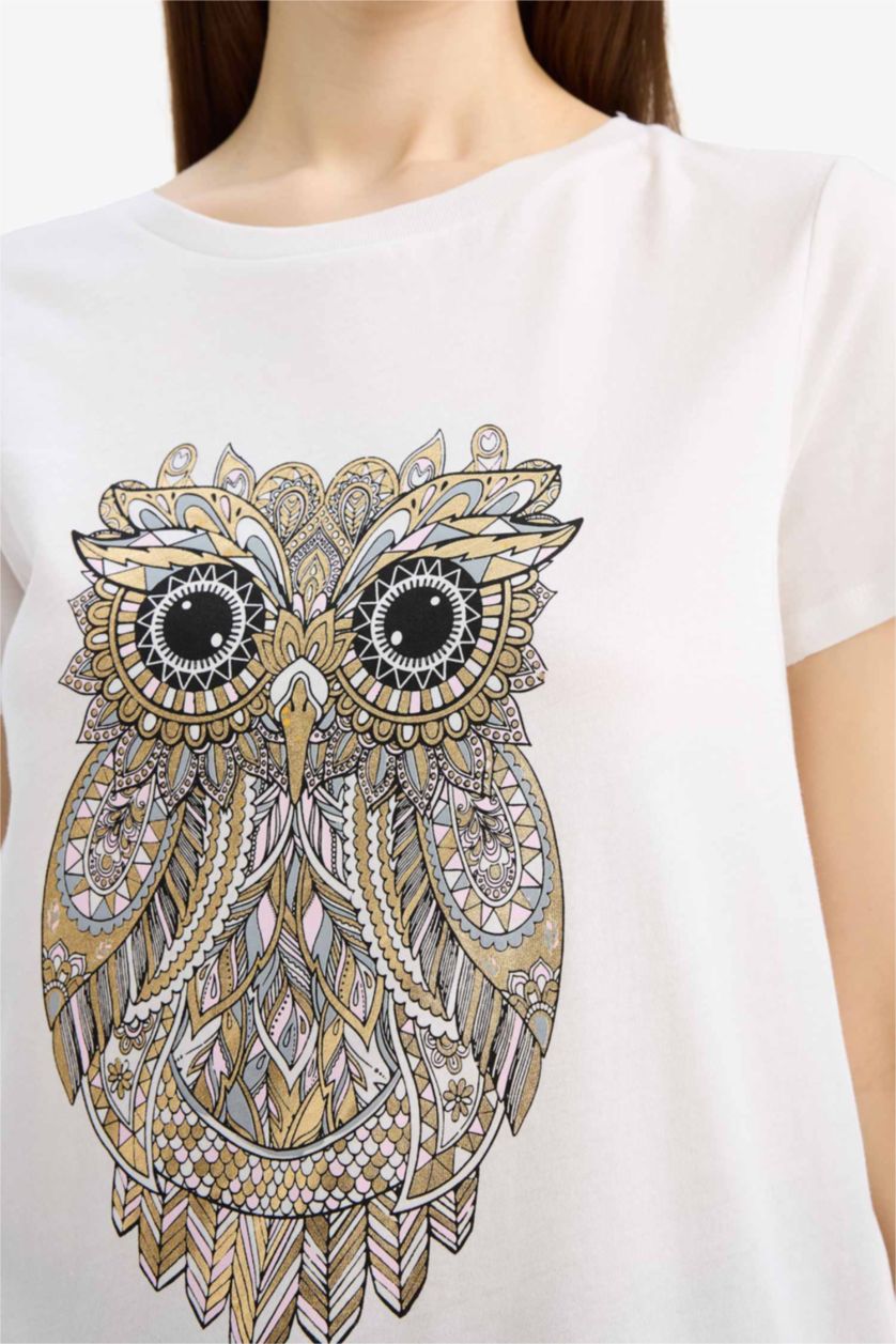 Kadın Ekru Regular Fıt Penye Kısa Kollu Tişört