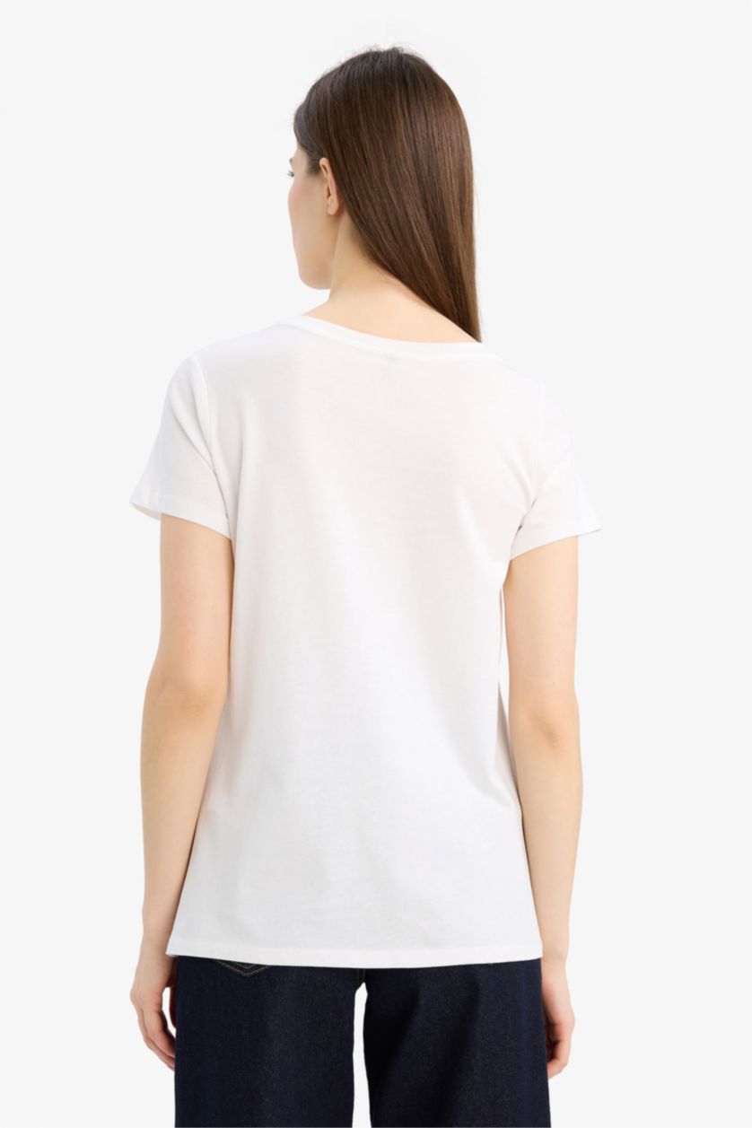 Kadın Ekru Regular Fıt Penye Kısa Kollu Tişört