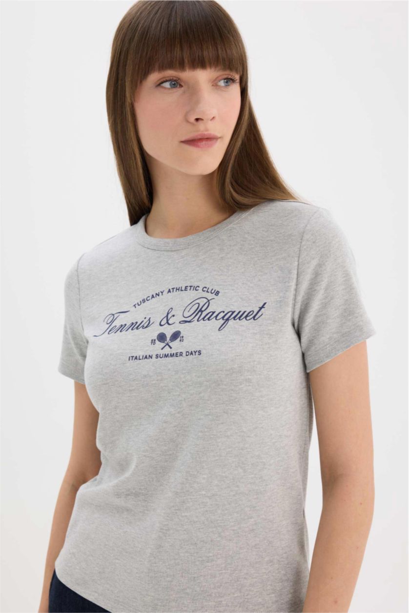 Kadın Gri Melanj Regular Fit Bisiklet Yaka Baskılı Ribana Kısa Kollu Tişört