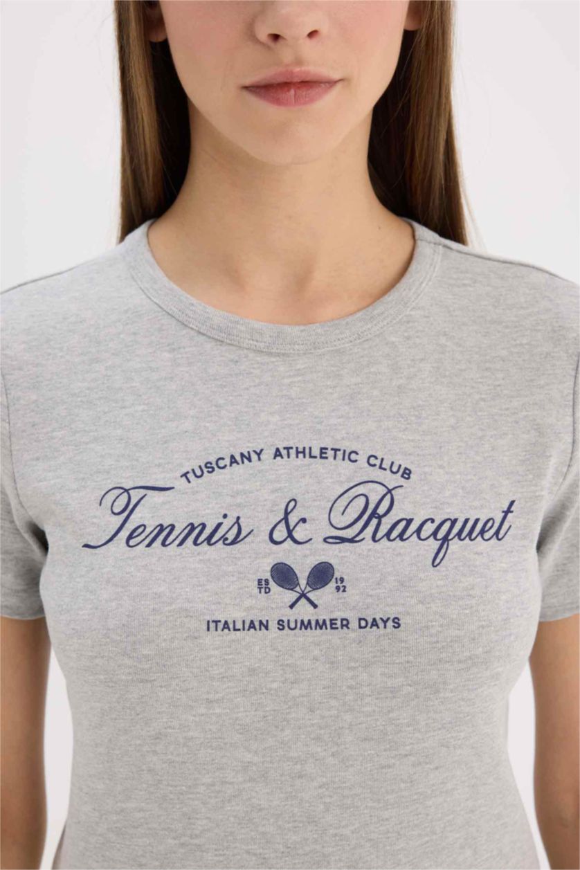 Kadın Gri Melanj Regular Fit Bisiklet Yaka Baskılı Ribana Kısa Kollu Tişört