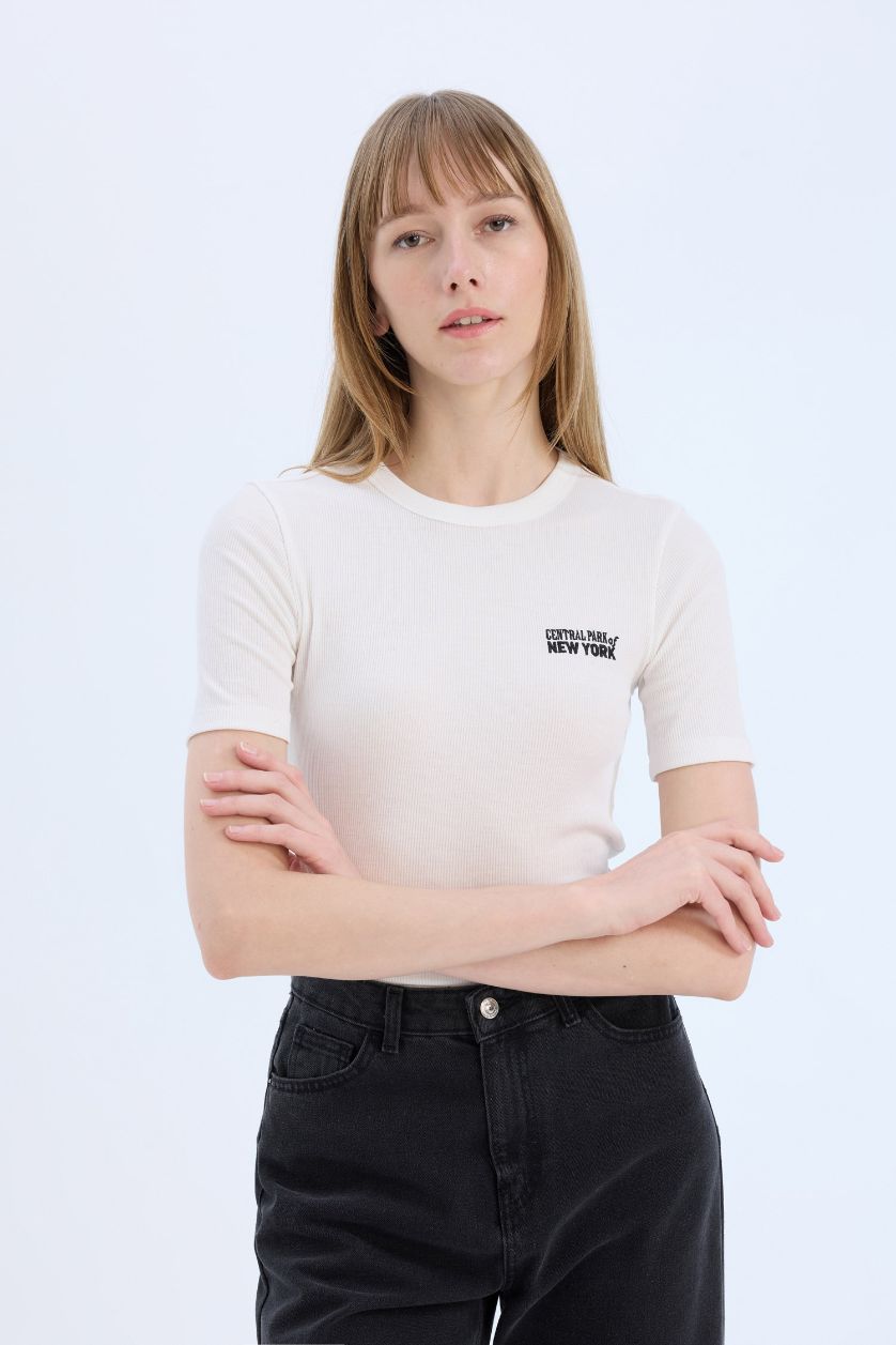 WOMAN Ecru Slim Fit Crew Neck Printed Casual T-Shirt