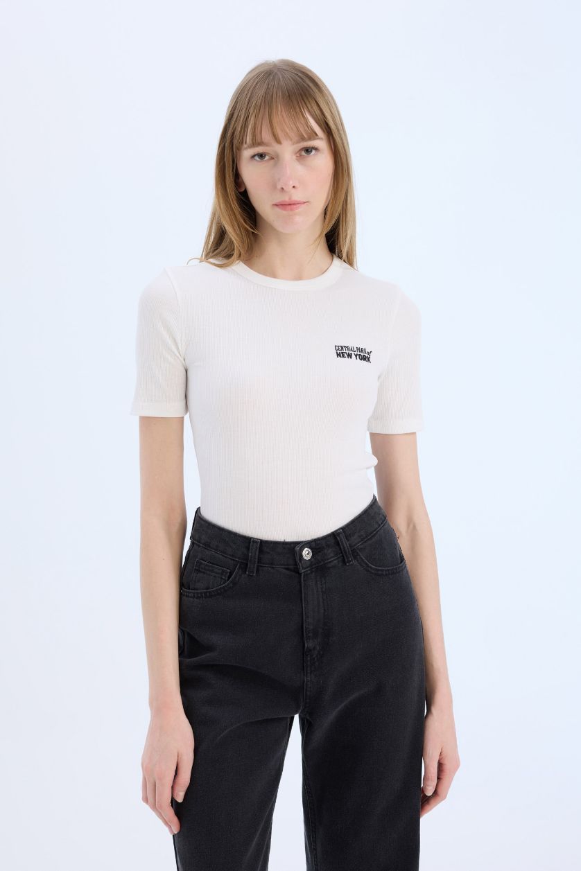 WOMAN Ecru Slim Fit Crew Neck Printed Casual T-Shirt