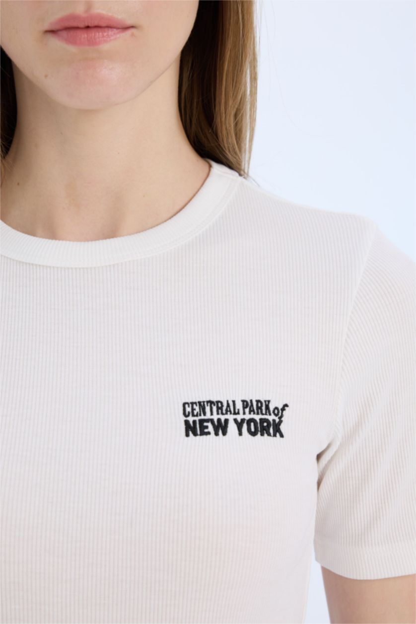 WOMAN Ecru Slim Fit Crew Neck Printed Casual T-Shirt