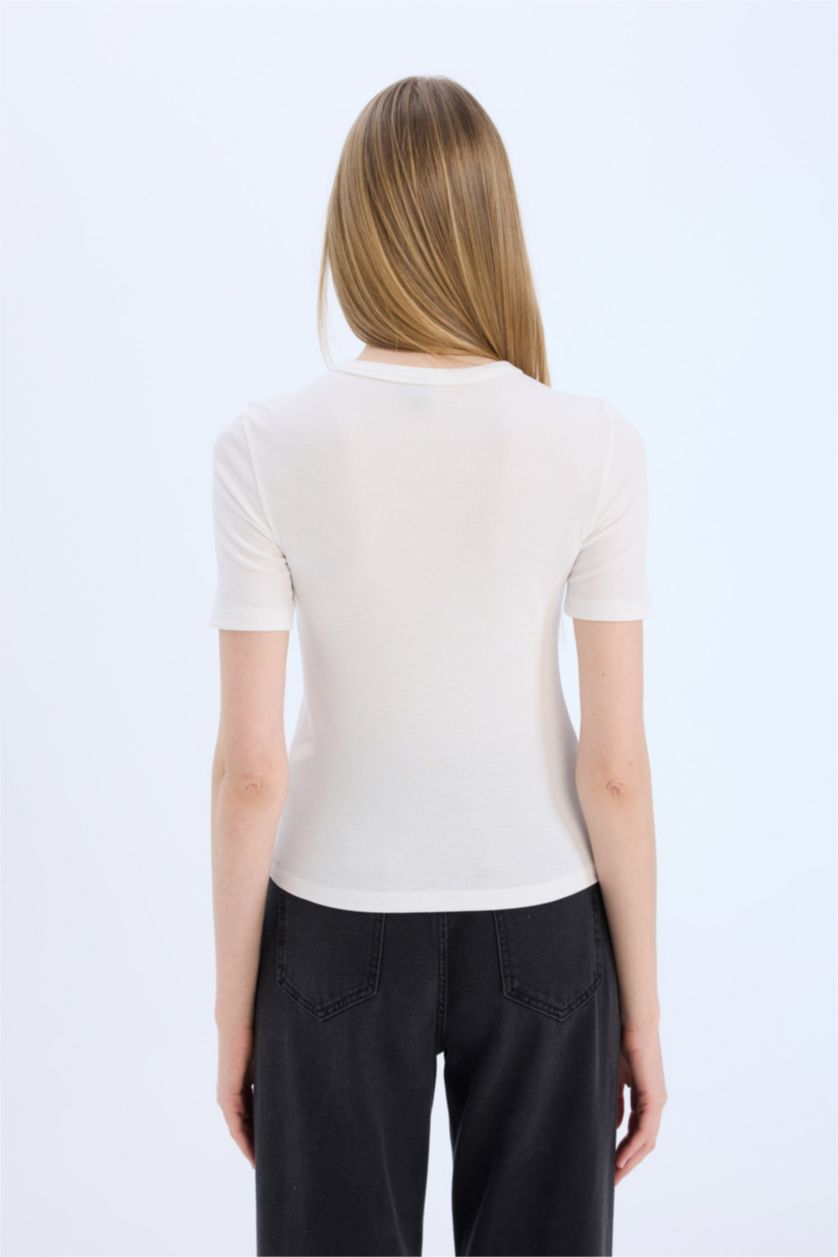 WOMAN Ecru Slim Fit Crew Neck Printed Casual T-Shirt