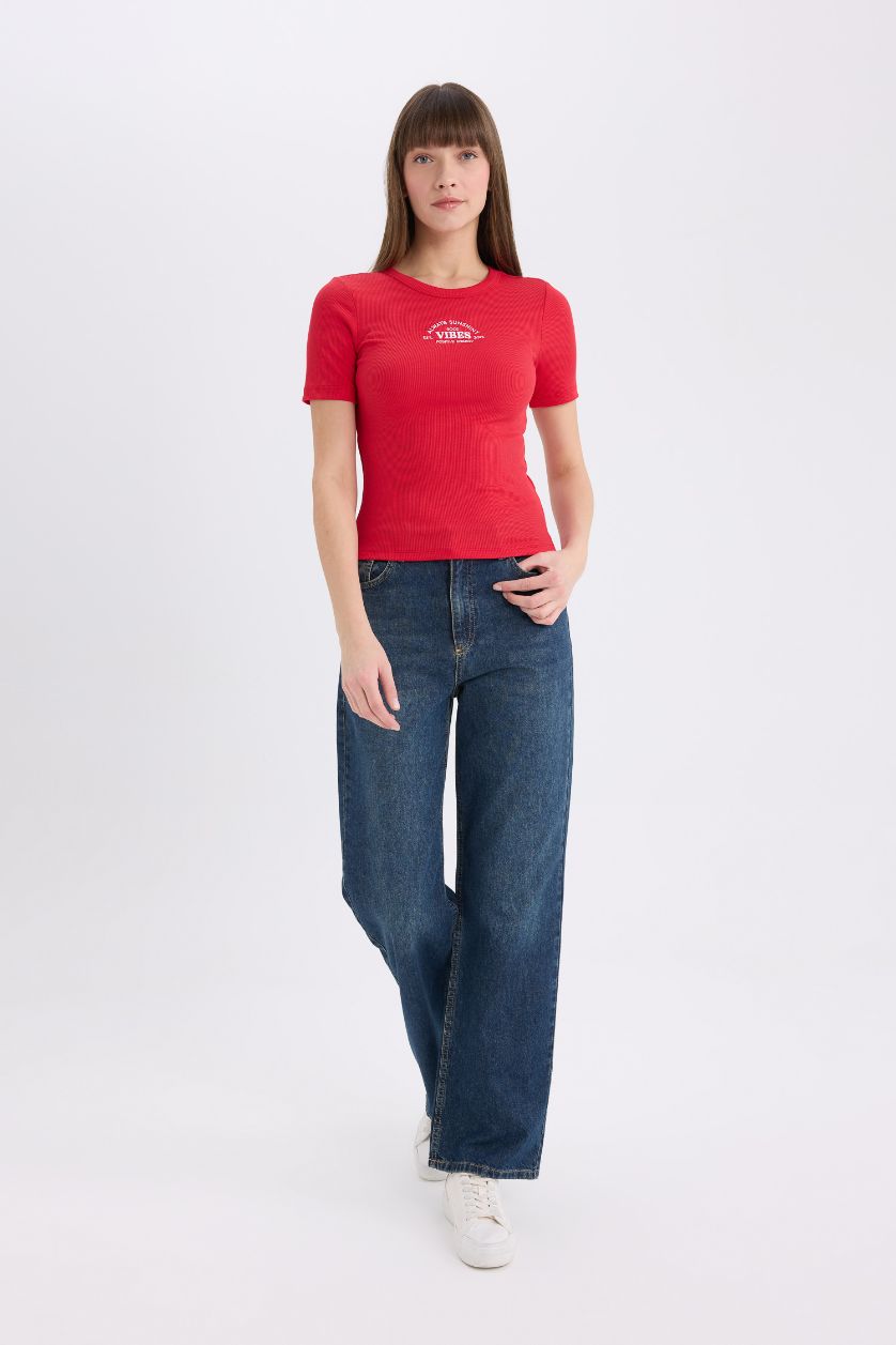 WOMAN Red Fitted Crew Neck Printed Casual Corduroy T-Shirt