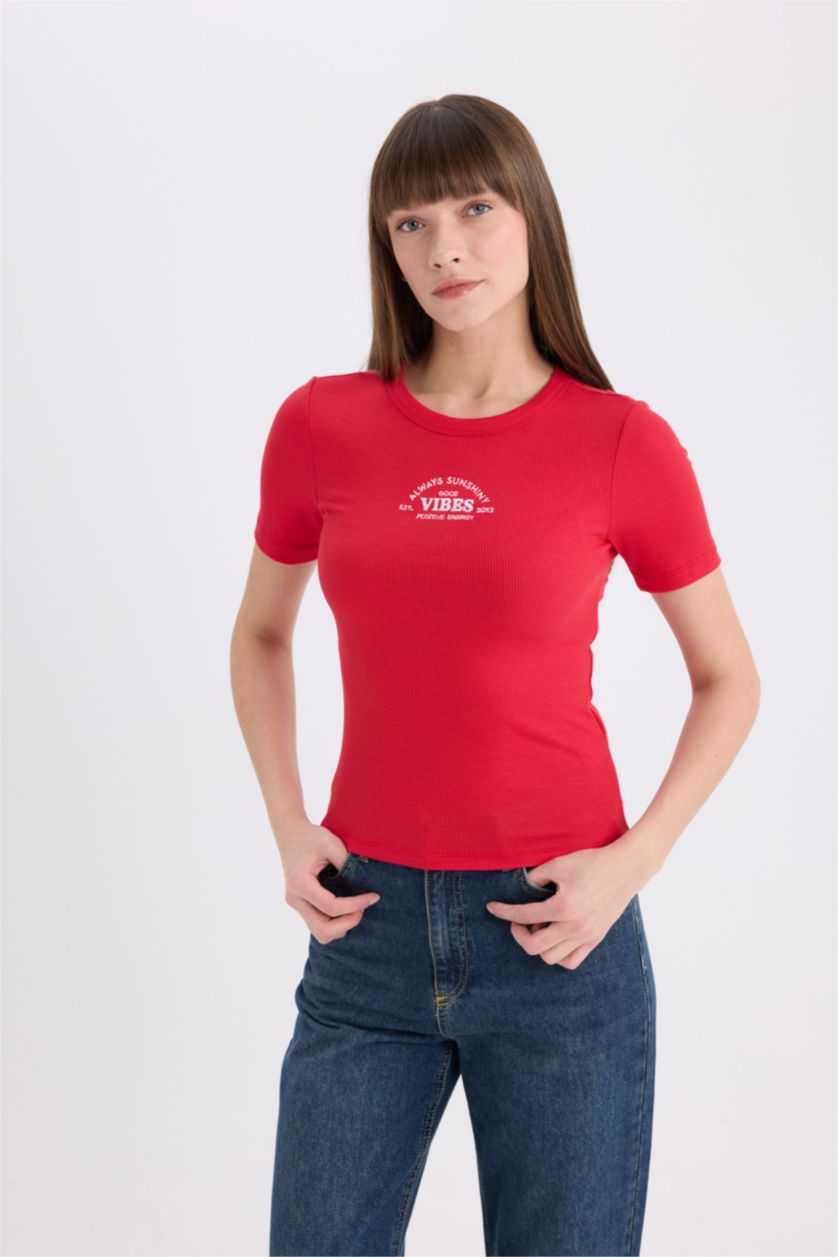 WOMAN Red Fitted Crew Neck Printed Casual Corduroy T-Shirt