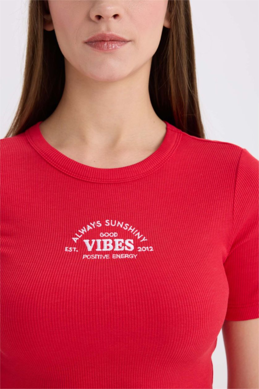 WOMAN Red Fitted Crew Neck Printed Casual Corduroy T-Shirt