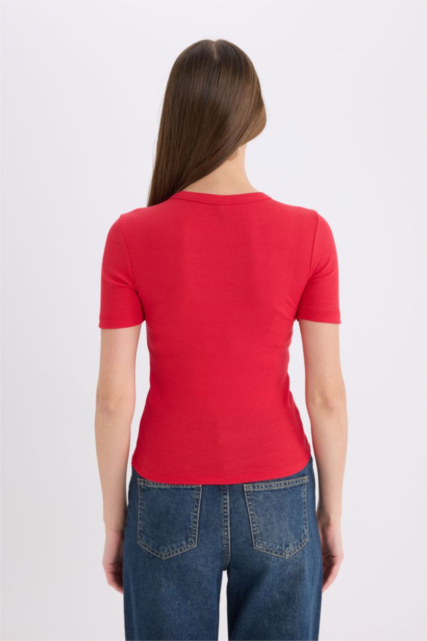 WOMAN Red Fitted Crew Neck Printed Casual Corduroy T-Shirt