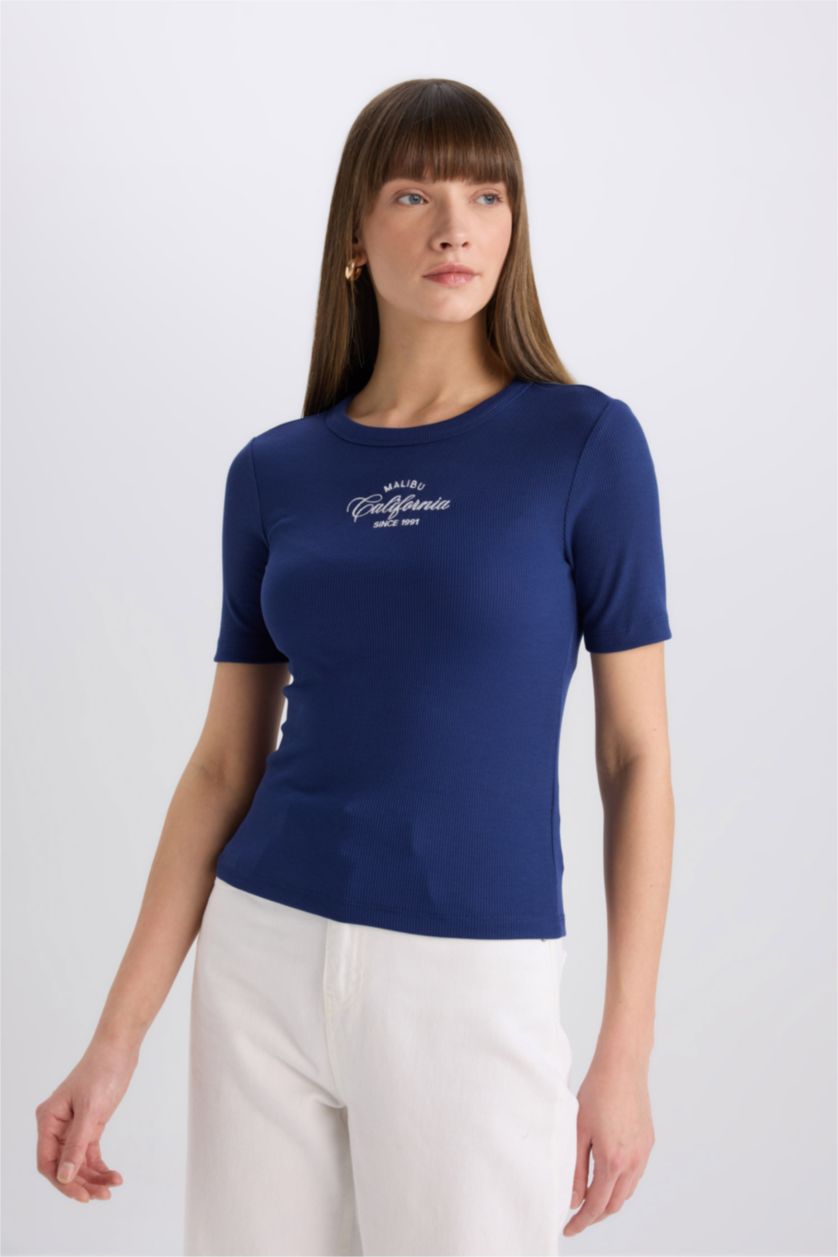 نساء كحلي تيشيرت نص كم مطبوع سليم فيت برقبة مستديرة