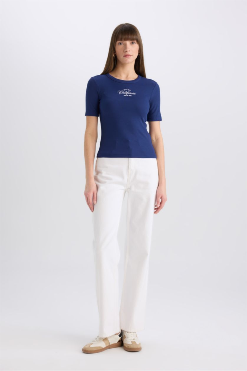 نساء كحلي تيشيرت نص كم مطبوع سليم فيت برقبة مستديرة