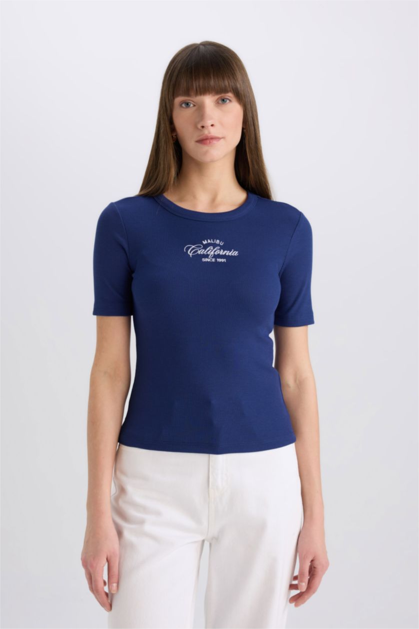 نساء كحلي تيشيرت نص كم مطبوع سليم فيت برقبة مستديرة