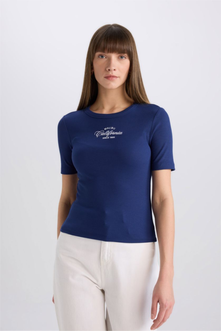 نساء كحلي تيشيرت نص كم مطبوع سليم فيت برقبة مستديرة